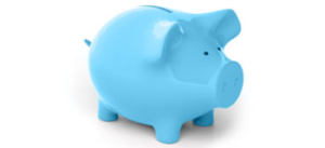 Light blue ceramic piggy bank with a coin slot on top, placed against a white background