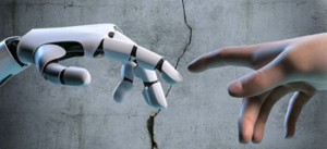 Close-up of a robotic hand and a human hand reaching toward each other against a cracked concrete wall, symbolizing technology and human connection.