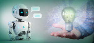 A small white robot with glowing blue eyes and speech bubbles on the left, facing a hand holding a glowing light bulb on the right, with a digital network background