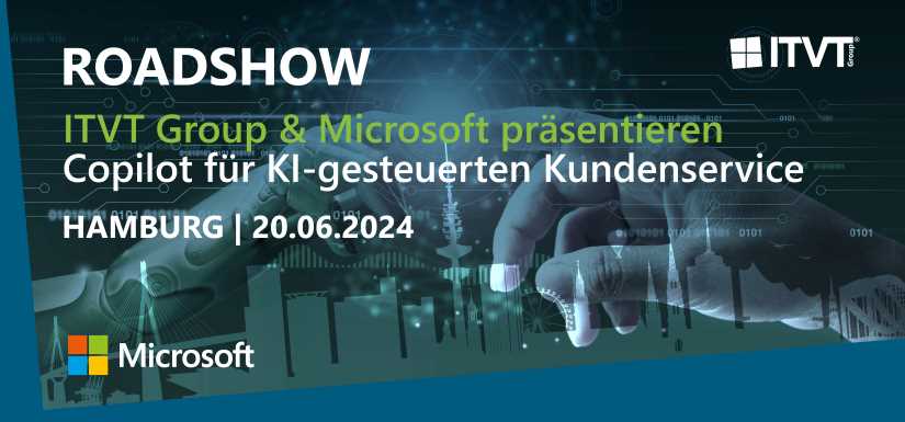 Promotional graphic for ITVT Group and Microsoft roadshow in Hamburg on June 20, 2024, featuring Copilot for AI-driven customer service.