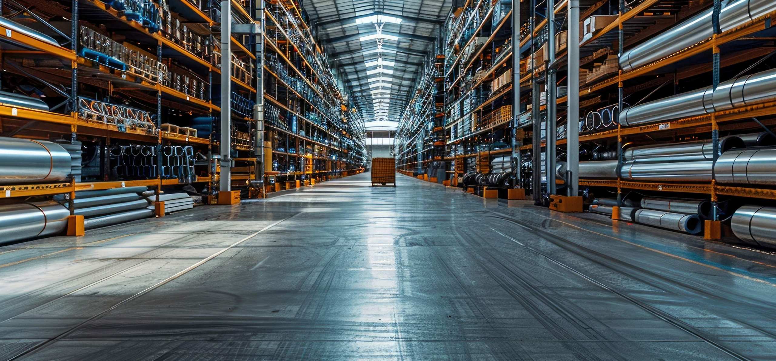 Large industrial warehouse with tall racks filled with metal pipes, materials, and equipment.