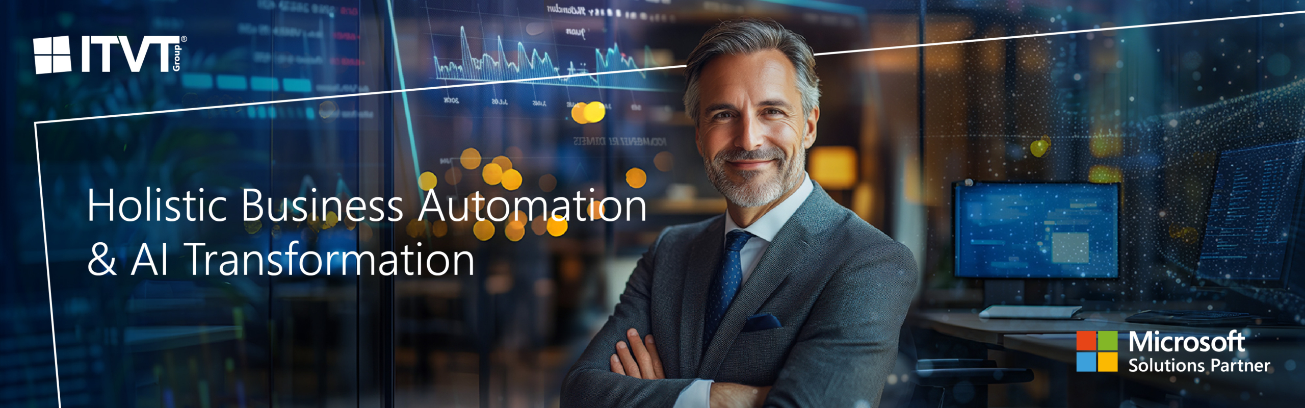 ITVT branded banner showing a modern digital workspace with data analytics overlays and enterprise technology interfaces, featuring the text ‘Holistic Business Automation & AI Transformation,’ alongside the ITVT logo and Microsoft Solutions Partner badge, representing ITVT’s end‑to‑end automation and AI‑driven business transformation expertise.
