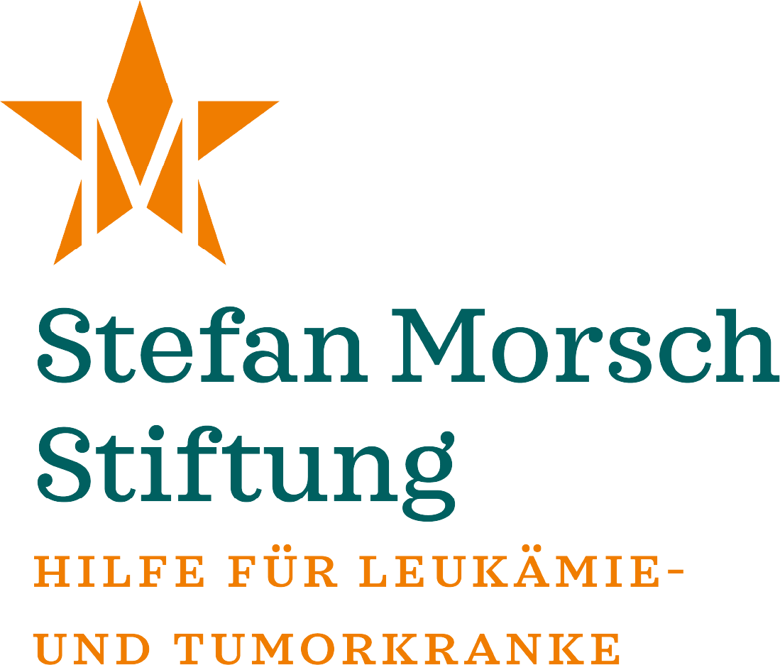 Logo of Stefan Morsch Stiftung featuring an orange star-shaped design with the letter ‘M’ integrated into it. Below, the text reads ‘Stefan Morsch Stiftung’ in green and ‘Hilfe für Leukämie- und Tumorkranke’ in orange, indicating support for leukemia and tumor patients.