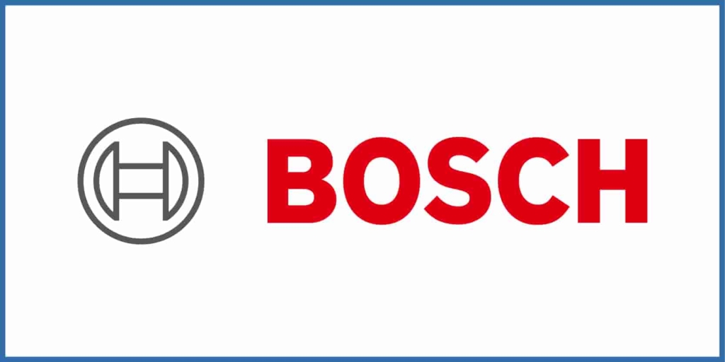 Corporate logo graphic featuring a circular emblem on the left and the bold red text “BOSCH” on the right, presented on a clean white background with a thin blue border, representing the brand identity of Bosch.