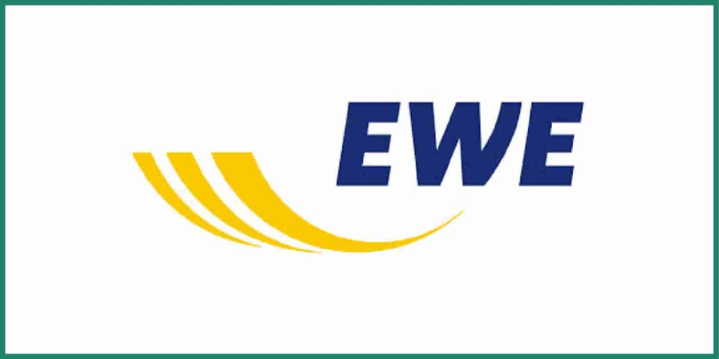 EWE logo with bold dark blue uppercase letters "EWE" and three yellow curved stripes underneath, resembling waves or energy flow.