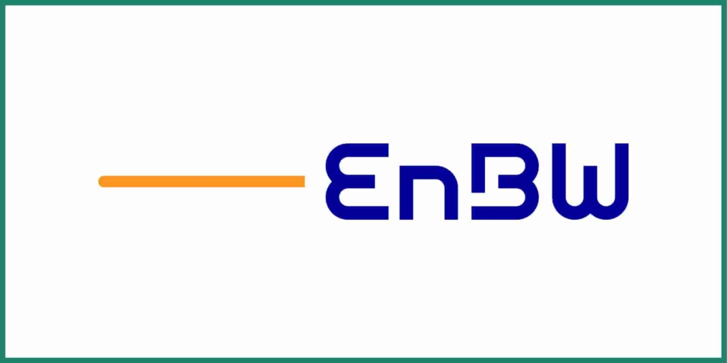 EnBW logo with a horizontal orange line followed by bold dark blue letters "EnBW" in a modern stylized font on a white background.