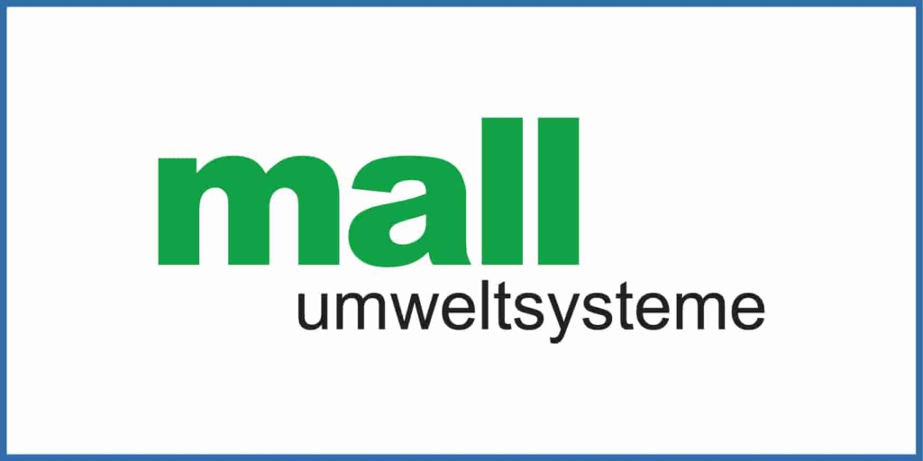 Corporate logo graphic featuring the word “mall” in bold green letters above the smaller black text “umweltsysteme,” displayed on a clean white background with a thin blue border, representing the brand identity of Mall Umweltsysteme.