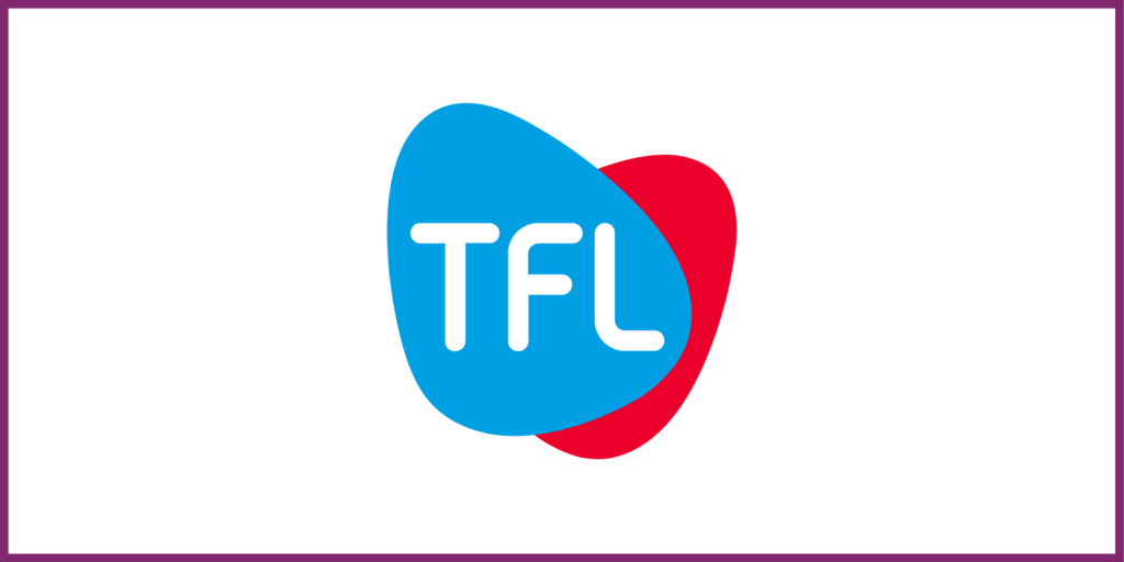 TFL logo with white letters on a blue abstract shape, overlapping a red shape in the background.