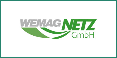 WEMAG NETZ GmbH logo with stylized green and gray text and curved lines suggesting connectivity, on a white background with a green border.