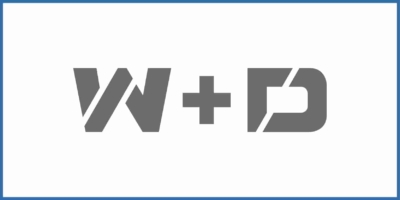 Corporate logo graphic featuring stylized grey letters “W + D” on a white background, enclosed within a thin blue rectangular border, representing brand identity and modern industrial design.