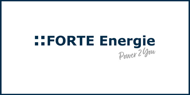 FORTE Energie logo featuring two dark blue square-shaped symbols on the left, followed by the bold dark blue text "FORTE Energie" and the italic gray text "Power 2 You" on a white background with a dark blue border.