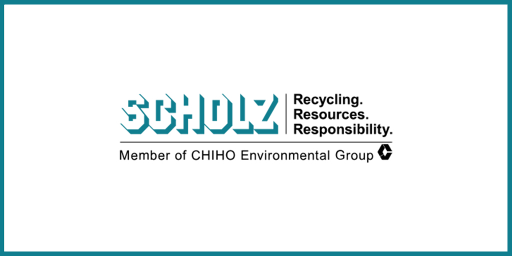 SCHOLZ logo in stylized turquoise lettering with the text “Recycling. Resources. Responsibility.” and below that the slogan “Member of the CHIHO Environmental Group.