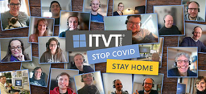 Collage von Menschen in Homeoffice-Umgebungen mit dem ITVT-Logo in der Mitte und den Texten â€žSTOP COVIDâ€œ und â€žSTAY HOMEâ€œ.