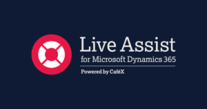 Logo und Text auf dunkelblauem Hintergrund mit der Aufschrift â€žLive Assist for Microsoft Dynamics 365 Powered by CafÃ©Xâ€ und einem roten kreisfÃ¶rmigen Symbol mit einem weiÃŸen Rettungsring-Symbol auf der linken Seite.
