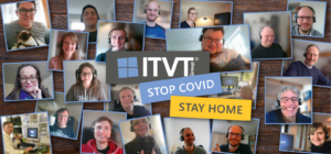 Collage von Remote-Teammitgliedern bei Videoanrufen mit ITVT Group-Branding und Botschaften zur FÃ¶rderung der COVID-19-Sicherheit: â€žSTOP COVIDâ€œ und â€žSTAY HOMEâ€œ auf Bannern vor einem Holzhintergrund.