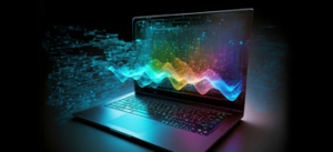 Ein stilisierter Laptop sendet farbenfrohe digitale Wellen von seinem Bildschirm aus, die den Datenfluss oder die digitale Transformation symbolisieren.