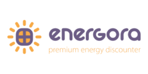 EnerGora-Logo mit einem stilisierten Sonnensymbol und dem Slogan â€žPremium Energy Discounterâ€ auf weiÃŸem Hintergrund mit grÃ¼nem Rand.