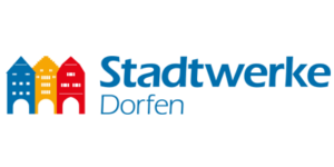 Logo der Stadtwerke Dorfen mit drei bunten Haussymbolen (blau, gelb und rot), gefolgt vom Firmennamen in blauer Schrift.