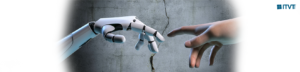Roboterhand, die vor einem Hintergrund aus rissigem Beton nach einer menschlichen Hand greift, symbolisiert Technologie und menschliche Verbindung.