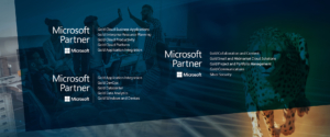 Szene aus dem BÃ¼roalltag mit High-Fives, Ã¼berlagert mit Microsoft-Partnerlogos und einer Liste von Gold- und Silber-Kompetenzen, neben einem Bild eines Geparden.