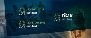 Banner mit Zertifizierungszeichen fÃ¼r ISO 9001:2015 und ISO 27001:2013 sowie dem TISAX-zertifizierten Logo. Der Hintergrund zeigt links ein BÃ¼roteam bei der Zusammenarbeit und rechts einen Geparden, der fÃ¼r Schnelligkeit und AgilitÃ¤t steht.
