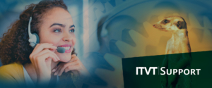 Bild, das eine Person mit einem Headset und einer ErdmÃ¤nnchen-Illustration zeigt, mit dem Text: â€žITVT Supportâ€œ.