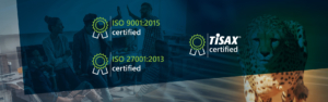 Banner mit Zertifizierungszeichen fÃ¼r ISO 9001:2015 und ISO 27001:2013 sowie dem TISAX-zertifizierten Logo. Der Hintergrund zeigt links ein BÃ¼roteam bei der Zusammenarbeit und rechts einen Geparden, der fÃ¼r Schnelligkeit und AgilitÃ¤t steht.