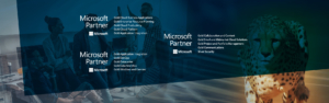 Microsoft-Partnerzertifizierungen mit Gold- und Silberkompetenzen, Ã¼berlagert auf einem Bild einer Besprechung und einem Geparden im Hintergrund.