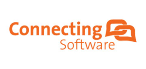 Logo von Connecting Software mit dem Firmennamen in orangefarbener Schrift und zwei miteinander verbundenen Sprechblasen-Symbolen.