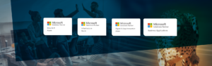 Szene der Zusammenarbeit im BÃ¼ro mit High-Fives, Ã¼berlagert mit vier Microsoft Solutions Partner-Abzeichen: Daten & KI (Azure), Infrastruktur (Azure), digitale & App-Innovation (Azure) und GeschÃ¤ftsanwendungen, neben einem Bild eines Geparden