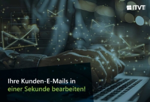 HÃ¤nde, die auf einem Laptop tippen, mit leuchtenden E-Mail-Symbolen und Funken, deutscher Text, der fÃ¼r eine schnelle E-Mail-Bearbeitung wirbt.