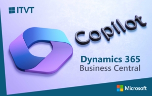 ITVT- und Microsoft-Logos mit 3D-Grafik von Dynamics 365 Business Central Copilot.