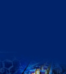 Blauer Hintergrund mit schwachen Grafiken chemischer Strukturen und unscharfen LaborgerÃ¤ten, die unten teilweise sichtbar sind.