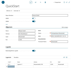 Schnellstart-Einrichtungsbildschirm fÃ¼r einen neuen Kunden mit Feldern fÃ¼r Unternehmensdaten, Bankdaten, SteuerbehÃ¶rde, Logistikoptionen und Lagerstandorttabelle.