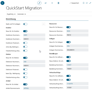 Screenshot einer QuickStart-Migrations-Setup-OberflÃ¤che mit Konfigurationsoptionen fÃ¼r GlÃ¤ubiger, Schuldner, Ressourcen, VermÃ¶genswerte, AuftrÃ¤ge und KundenauftrÃ¤ge, mit Umschaltern und vordefinierten Nummerierungsreihen.