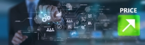 ITVT-Grafik, die einen GeschÃ¤ftsmann zeigt, der mit einer transparenten digitalen Schnittstelle interagiert, auf der Symbole fÃ¼r Analysen, ZahnrÃ¤der, Checklisten und Benutzergruppen zu sehen sind. Auf der rechten Seite symbolisiert ein grÃ¼nes Quadrat mit einem AufwÃ¤rtspfeil und dem Wort â€žPRICEâ€œ das Preiswachstum.