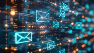 Digitale Darstellung mehrerer leuchtend blauer E-Mail-Symbole, die Ã¼ber einem Hintergrund aus verschwommenen Daten und Code schweben.