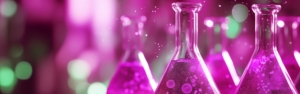 Eine Sammlung von rosa Flaschen, gefÃ¼llt mit bunter FlÃ¼ssigkeit, dicht nebeneinander auf einer ebenen FlÃ¤che angeordnet.