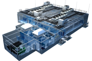 3D-Modell einer Industrieanlage mit transparenten WÃ¤nden, die die Innenausstattung und die DachkÃ¼hlsysteme zeigen.