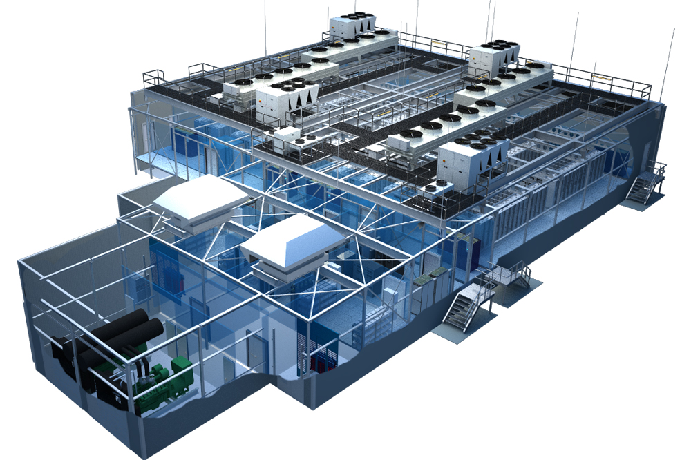 3D-Modell einer Industrieanlage mit transparenten WÃ¤nden, die die Innenausstattung und die DachkÃ¼hlsysteme zeigen.