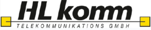 HL-Komm-Logo mit dem Schriftzug â€žTelekommunikations GmbHâ€ und gelben quadratischen Elementen auf jeder Seite.