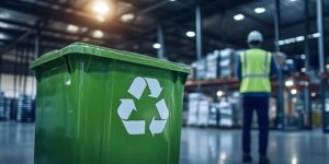 GrÃ¼ne Recycling-Tonne in einem Lagerhaus, Arbeiter in Sicherheitsweste im Hintergrund.