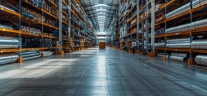 GroÃŸes Industrie-Lagerhaus mit hohen Regalen, die mit Metallrohren, Materialien und AusrÃ¼stung gefÃ¼llt sind.