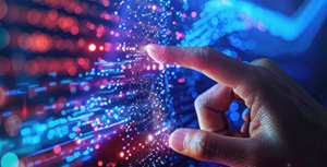 Eine Person berÃ¼hrt sanft einen Finger auf einem digitalen Bildschirm und interagiert mit dem angezeigten Inhalt.