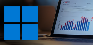 Das Microsoft Windows 10 Business-Logo wird auf einer schlanken, modernen OberflÃ¤che mit GeschÃ¤ftsanwendungen im Hintergrund angezeigt.