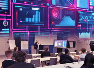 Präsentation der ITVT Group zum Thema KI im Kundenservice mit neonpinken und violetten digitalen Grafiken im Hintergrund, die einen Redner und das sitzende Publikum in einem Konferenzraum zeigen.