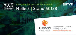 Werbebanner fÃ¼r die E-world 2025 mit 365 Stadtwerk und ITVT; Besuch in Halle 5, Stand 5C128 in Essen, Deutschland, 11.â€“13. Februar