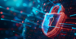 Konzeptuelle Illustration der Cybersicherheit und des Datenschutzes, mit einem digitalen Schloss und einem Schild vor einem technischen Hintergrund.