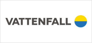 Vattenfall-Logo mit grauem Text und einem kreisfÃ¶rmigen Symbol, das in eine gelbe und eine blaue HÃ¤lfte geteilt ist, auf weiÃŸem Hintergrund.
