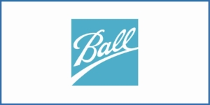 Firmenlogo mit dem Wort â€žBallâ€œ in stilisierter weiÃŸer Schrift auf blauem rechteckigem Hintergrund, das die MarkenidentitÃ¤t der Ball Corporation verkÃ¶rpert.